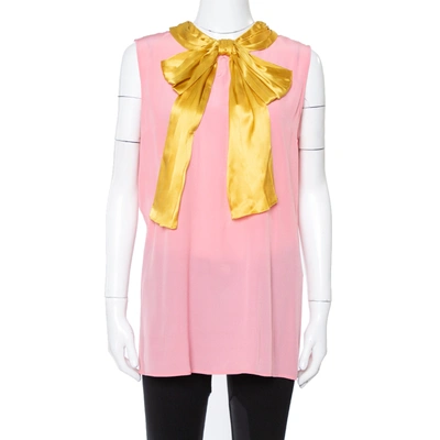 Pre-owned Gucci Pink Silk Contrast Pussy Bow Sleeveless Blouse M