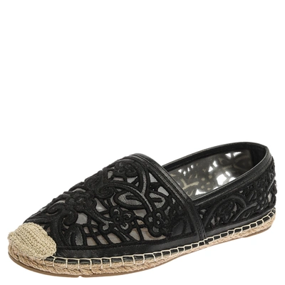 Pre-owned Tory Burch Black Leather And Mesh Espadrille Flats Size 38