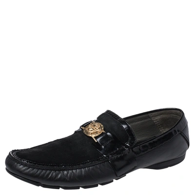 Pre-owned Versace Black Leather And Suede Medusa Loafers Size 44