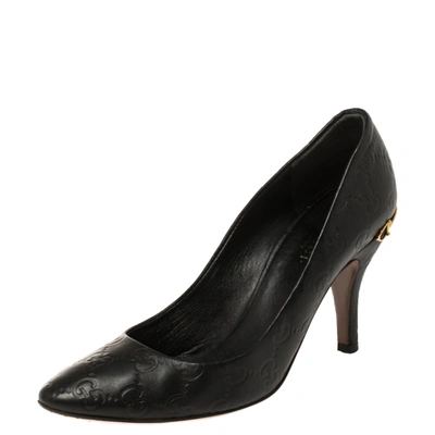 Pre-owned Gucci Ssima Leather Adina Horsebit Pointed Toe Pumps Size 36 In Black