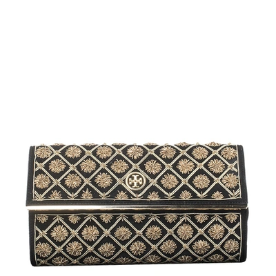 Pre-owned Tory Burch Black Quilted Suede Bria Embellished Flap Clutch