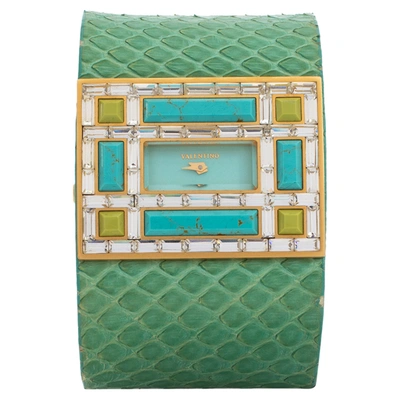 Pre-owned Valentino Garavani Aqua Green Gold Tone Stainless Steel Swarovski Crystal Python Leather Women's Wristwatch 39 Mm