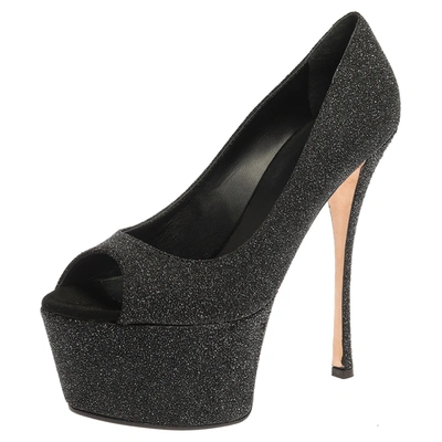 Pre-owned Giuseppe Zanotti Black Glittered Suede Open Toe Platform Pumps Size 39