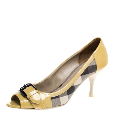 Pre-owned Burberry Yellow/beige Check Pvc And Patent Leather Buckle Peep Toe Pumps Size 38