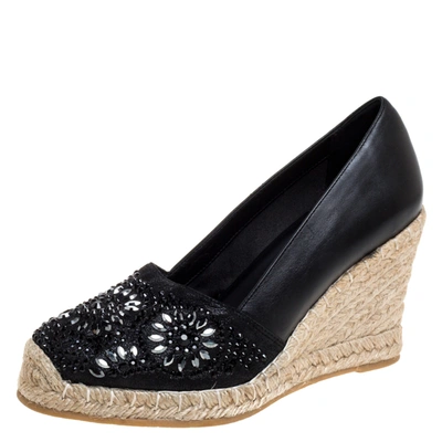 Pre-owned Le Silla Black Leather And Suede Embellished Wedge Espadrille Pumps Size 37