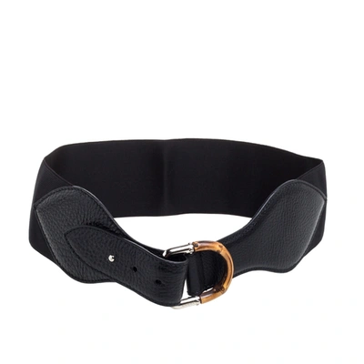 Pre-owned Gucci Black Leather And Elastic Fabric Band Bamboo Buckle Waist Belt 75cm