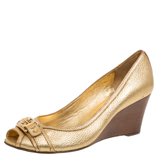 Slagskib grafisk grave Pre-owned Tory Burch Gold Leather Peep Toe Wedge Pumps Size 40 | ModeSens