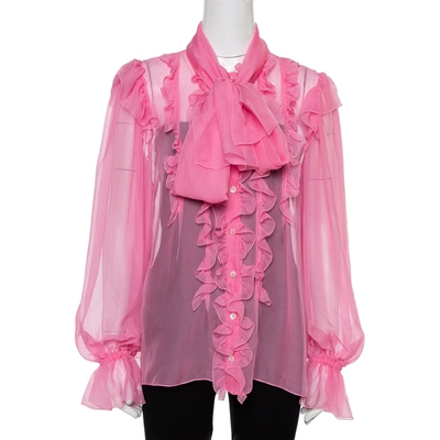 Pre-owned Dolce & Gabbana Pink Silk Ruffled Pussy Bow Blouse L