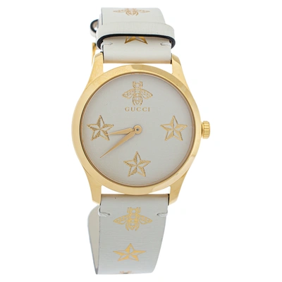 Pre-owned Gucci Cream Yellow Gold Tone Stainless Steel Leather G-timeless Ya1264096 Women's Wristwatch 38 Mm