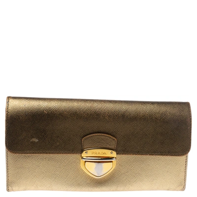 Pre-owned Prada Metallic Gold Saffiano Leather Continental Wallet