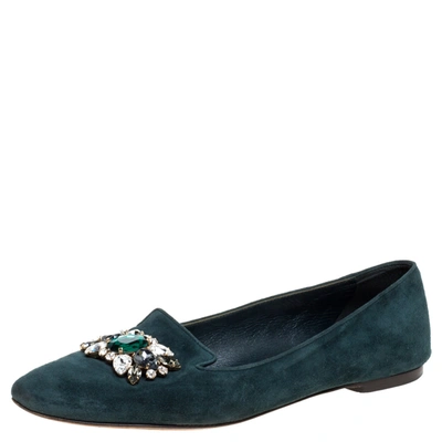 Pre-owned Dolce & Gabbana Green Suede Embellished Slip On Flats Size 39