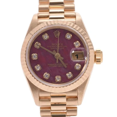 Pre-owned Rolex Rube Diamonds 18k Yellow Gold Datejust 69178g Women's Wristwatch 26 Mm In Burgundy