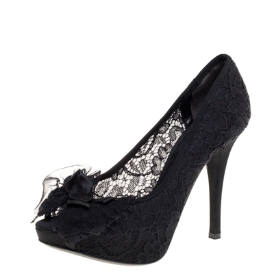 Pre-owned Dolce & Gabbana Black Lace Bow Peep Toe Pumps Size 36