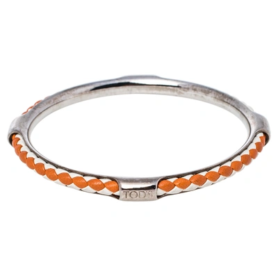 Pre-owned Tod's Woven Leather Gold Tone Bangle Bracelet In Orange