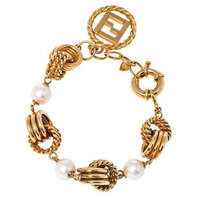 Pre-owned Fendi Gold Tone Triple Layered Link Faux Pearl Bracelet