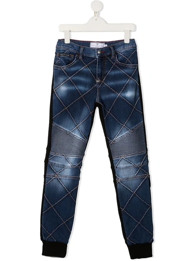 Philipp Plein Kids' Diamond Quilted Denim Jeans In Blue