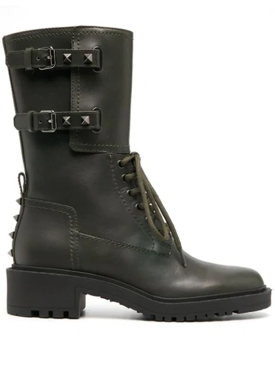 Valentino Garavani Leather Lace-up Boots In Green