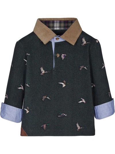 Lapin House Long-sleeve Duck Print Polo Shirt In Green