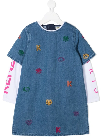 Kenzo Kids' Embroidered Denim Dress In Blue