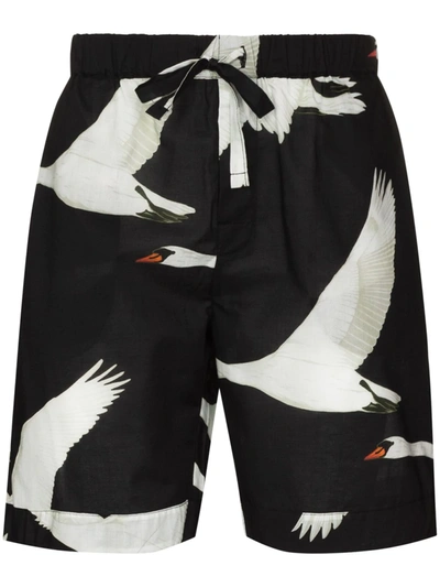 Desmond & Dempsey Cygnus Swan-print Knee-length Shorts In Black
