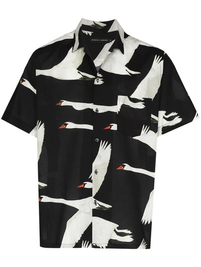 Desmond & Dempsey Cygnus Swan-print Short-sleeve Shirt In Black
