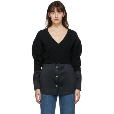 Alexander Wang T Contrast Shirting Hem Cable Knit Sweater In 001 Black