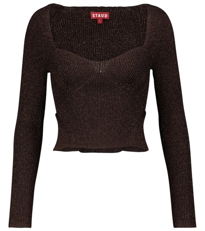 Staud Cherro Lurex Sweetheart Sweater In Brown