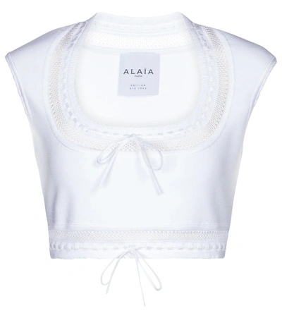 Alaïa Editions Cropped Bow-detailed Stretch-knit Top In Blanc