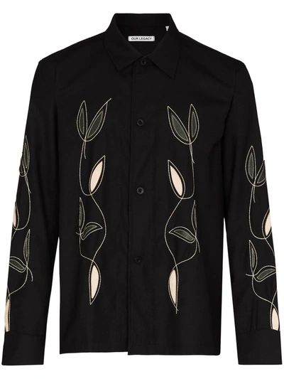 Our Legacy Leaf-embroidered Long-sleeve Shirt In Black