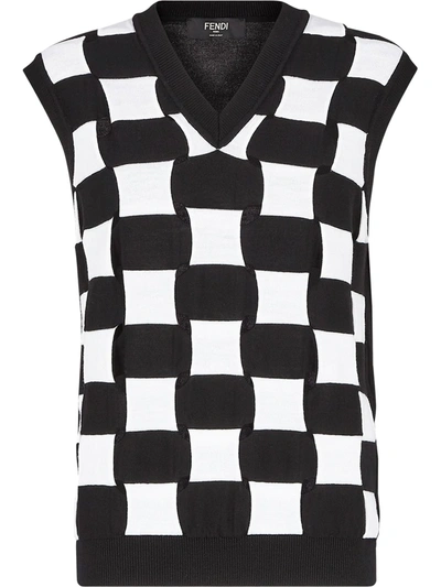 Fendi Check Wool Knitted Jumper Waistcoat In Black