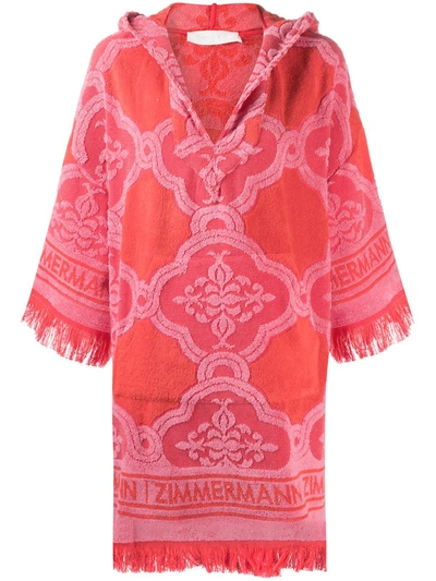 Zimmermann Poppy Hooded Fringed Cotton-terry Jacquard Mini Dress In Red