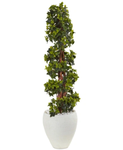 Nearly Natural 4' English Ivy Topiary Uv-resistant Indoor/outdoor Artificial Tree In White Oval Planter In Green