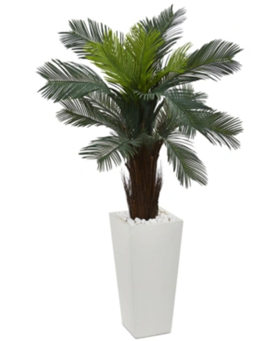 Nearly Natural 4.5' Cycas Uv-resistant Indoor/outdoor Artificial Plant In White Tower Planter In Green