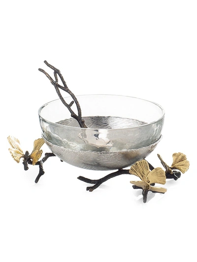 Michael Aram Butterfly Ginkgo 3-piece Glass Nut Dish, Stainless Steel Nut Dish & Spoon Set In Silver