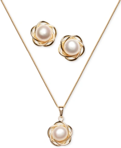 Macy's 2-pc. Set Cultured Freshwater Pearl (7mm) Flower Pendant Necklace & Matching Stud Earrings In 18k Go In Gold Over Silver