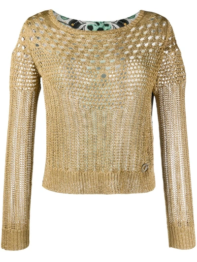 Just Cavalli Crocheted Long-sleeve Top In Gold