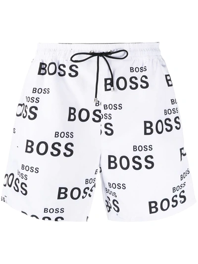 Hugo Boss All-over Logo Print Swim Shorts In White