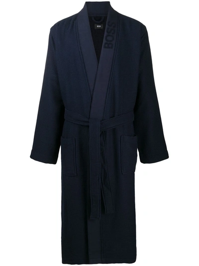 Hugo Boss Logo-jacquard Waffle-knit Loopback Cotton-blend Dressing Gown In Blue