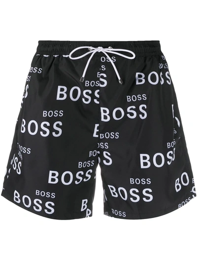 Hugo Boss All-over Logo Print Swim Shorts In Black
