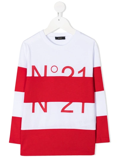 N°21 Stripe-print Logo-print T-shirt In White