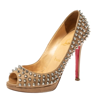 Pre-owned Christian Louboutin Beige Leather Yolanda Spikes Peep Toe Pumps Size 36.5