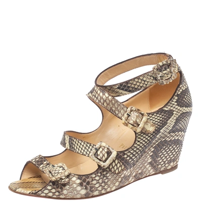 Pre-owned Christian Louboutin Beige Python Caged Buckle Wedge Sandals Size 38