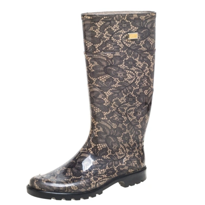 Pre-owned Dolce & Gabbana Grey/beige Jelly Printed Lace Round Toe Rain Boots Size 37 In Black