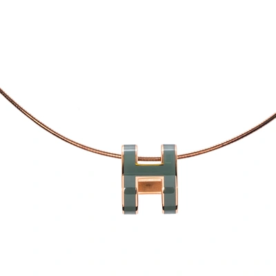 Pre-owned Hermes Hermès Pop H Teal Lacquered Gold Plated Pendant Necklace