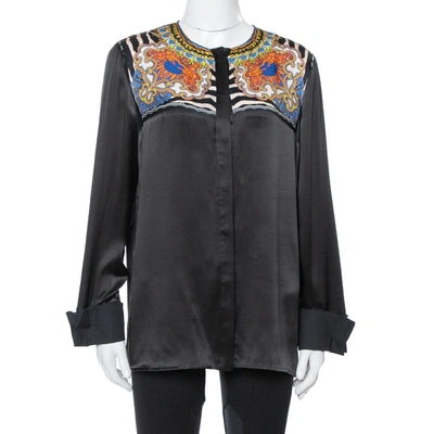 Pre-owned Just Cavalli Black Silk Printed Yoke Detail Long Sleeve Top M