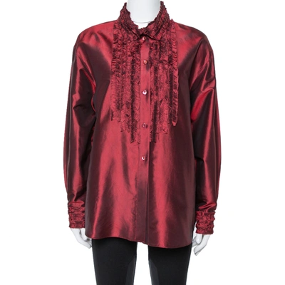 Pre-owned Kenzo Maroon Silk Ruffled Detail Long Sleeve Blouse M In Red