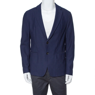 Pre-owned Armani Collezioni Navy Blue Textured Waffle Jacquard Two Button Blazer Xl