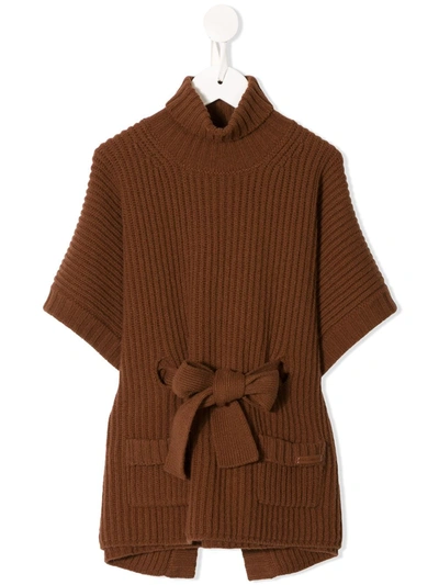 Dolce & Gabbana Kids' Belted Knitted Poncho In Brown
