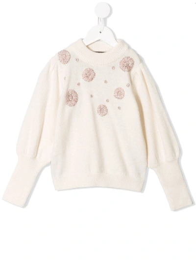 Velveteen Kids' Stella Floral-embroidered Knit Jumper In White