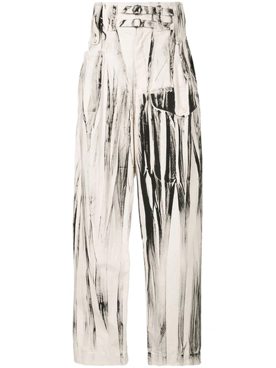 Y's Abstract Print Loose Trousers In White